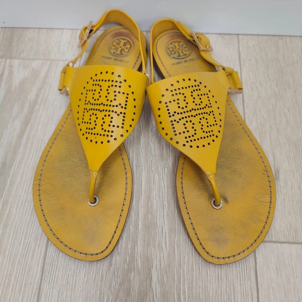Tory Burch Miller Womens Sandals 9.5 Yellow Leather Laser Cut Logo Preppy
